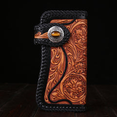 Handmade Mens Cool Tooled Floral Leather Chain Wallet Biker Trucker Wallet with Chain - iwalletsmen