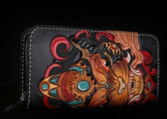 Handmade Leather Mens Clutch Wallet Tooled Cool Monster Wallet Long Zipper Wallets for Men