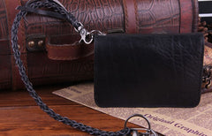 Genuine Leather Mens Cool Biker Chain Wallet Long Leather Wallet Slim Clutch Wristlet Wallet for Men