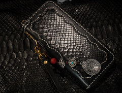 Handmade Leather Python Skin Mens Chain Biker Wallet Cool Leather Wallet Long Phone Wallets for Men