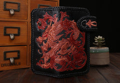 Handmade Mens Cool Tooled Chinese Dragon Leather Chain Wallet Biker Trucker Wallet with Chain