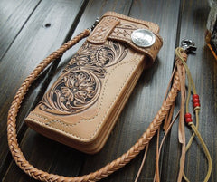 Handmade Leather Biker Wallet Tooled Floral Mens Cool Chain Wallet Trucker Wallet with Chain