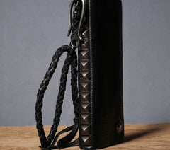 Genuine Leather Mens Cool Biker Chain Wallet Long Leather Wallet Clutch Wristlet Wallet for Men