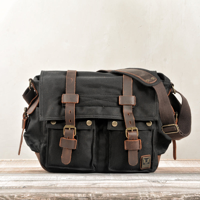 Cool Canvas Leather Mens Waterproof Black Side Bag Courier Bag Blue Messenger Bag for Men - iwalletsmen