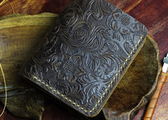 Handmade Leather Floral Mens Cool Slim Leather Wallet Men billfold Wallets Bifold for Men