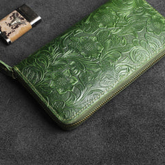 Handmade Leather Floral Mens Cool Travel Long Wallet Card Holder Card Slim Clutch Wallets for Men