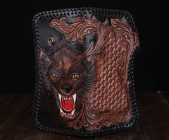 Handmade Leather Wolf Mens Chain Biker Wallet Cool Leather Wallet Long Phone Wallets for Men