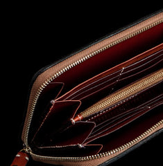 Handmade Leather Mens Clutch Wallet Cool Buddha&Demon Tooled Wallet Long Zipper Wallets for Men