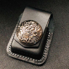 Black Handmade Leather Mens Cap Fish Zippo Lighter Holders Lighter Case For Men - iwalletsmen