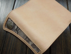Handmade Leather Biker Wallet Boa Skin Trifold Mens Cool Chain Wallet Trucker Wallet with Chain