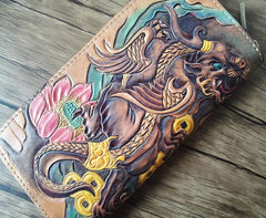 Handmade Leather Chinese Lion Tooled Mens Long Wallet Cool Leather Wallet Clutch Wallet for Men