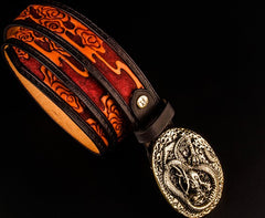 Leather Tooled Chinese Dragon Mens Belt