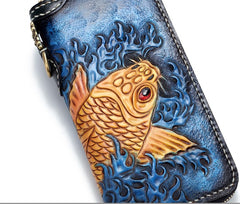 Handmade Leather Carp Mens Chain Biker Wallet Cool Leather Wallet Long Phone Wallets for Men