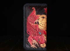 Handmade Leather Mens Clutch Wallet Tooled Cool Carp Wallet Long Zipper Wallets for Men