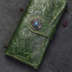 Handmade Leather Floral Mens Cool Travel Long Wallet Card Holder Card Slim Clutch Wallets for Men