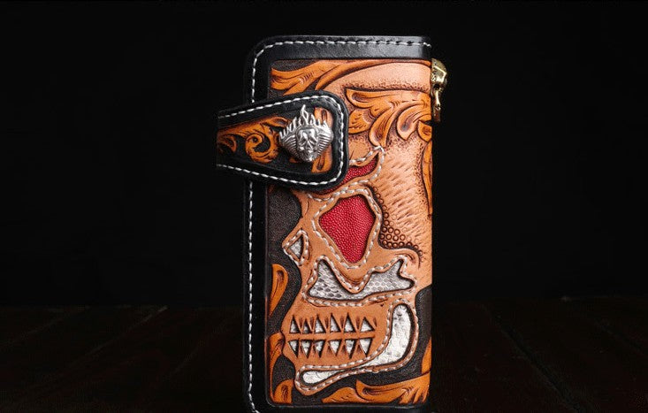 Biker Skull Chain Wallet - RFID Blocking Tri-fold Vintage Leather Wallet With Steel Chain, 16 Card Slots, ID Window, Brown