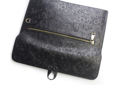 Handmade Leather Floral Tooled Mens Clutch Cool Slim Wallet Zipper Clutch Wristlet Wallet for Men