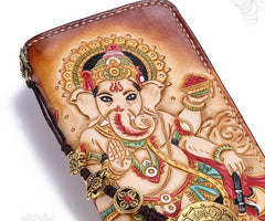 Handmade Leather Ganesha Mens Chain Biker Wallet Cool Leather Wallet With Chain Wallets for Men