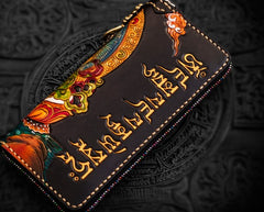 Handmade Leather Tooled Yellow Jambhala Mens Chain Biker Wallet Cool Leather Wallet Zipper Long Phone Wallets for Men