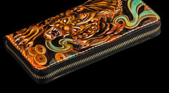 Handmade Leather Mens Tooled Monster Chain Biker Wallet Cool Leather Wallet Long Clutch Wallets for Men
