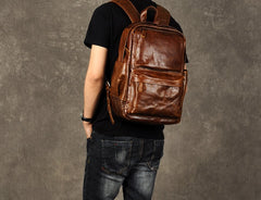 Genuine Leather Mens Cool Backpack Sling Bag Large Brown Travel Bag Hiking Bag for men