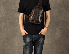 Genuine Leather Mens Cool Chest Bag Sling Bag Crossbody Bag Travel Bag Hiking Bag for men