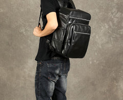 Genuine Leather Mens Cool Backpack Sling Bag Large Black Travel Bag Hiking Bag for men