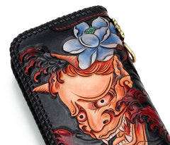 Handmade Leather Tooled Carp Prajna Mens Chain Biker Wallet Cool Leather Wallet Zipper Long Phone Wallets for Men