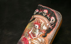 Handmade Leather Tooled Mahākāla Mens Chain Biker Wallet Cool Leather Wallet Long Clutch Wallets for Men