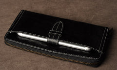 Genuine Leather Mens Cool Long Leather Wallet Cards Phone Zipper Clutch Wristlet Wallet for Men