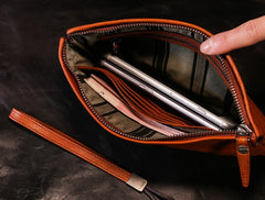 Handmade Leather Mens Clutch Cool Slim Wallet Zipper Clutch Wristlet Wallet for Men