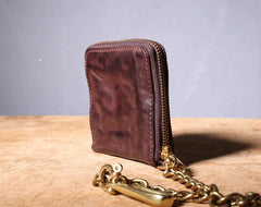 Handmade Genuine Leather Mens Chain Biker Wallet Cool Zipper Leather Wallet Bifold billfold Wallets