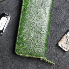 Handmade Leather Floral Mens Cool Travel Long Wallet Card Holder Card Slim Clutch Wallets for Men
