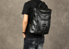 Genuine Leather Mens Cool Backpack Sling Bag Large Black Travel Bag Hiking Bag for men