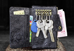Handmade Leather Floral Mens Cool Key Wallet Wallet Card Holder Small Card Keychain Wallets for Men