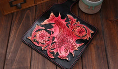 Handmade Mens Cool Tooled Carp Leather Chain Wallet Biker Trucker Wallet with Chain