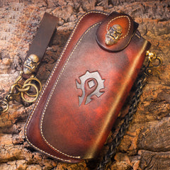 Handmade Leather Mens Cool Long World of Warcraft Leather Chain Wallet Cards Biker Trucker Wallet