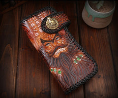 Handmade Mens Cool Tooled Zhong Kui demon Leather Chain Wallet Biker Trucker Wallet with Chain