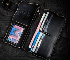 Handmade Leather Black Mens Tooled Skull Chain Biker Wallet Cool Leather Wallet Long Clutch Wallets for Men