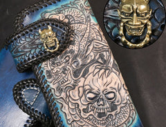 Handmade Leather Skull Punk Mens Chain Biker Wallet Cool Leather Wallet Long Wallets for Men