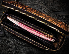 Handmade Leather Mens Chain Chinese Handwriting Biker Wallet Cool Leather Wallet Long Phone Wallets for Men