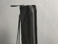 Handmade Genuine Leather Mens Cool Long Leather Wallet Biker Wallet Zipper Clutch Wristlet Wallet for Men