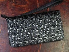Handmade Leather Mens Tooled Skull Death Cool Zipper Phone Travel Long Wallet Card Holder Card Slim Clutch Wallets for Men