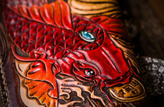 Handmade Leather Tooled Carp Mens Chain Biker Wallet Cool Leather Wallet Long Phone Wallets for Men
