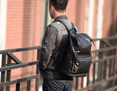 Genuine Leather Mens Cool Backpack Sling Bag Large Black Travel Bag Hiking Bag for men