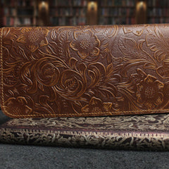 Handmade Leather Floral Mens Cool Travel Long Wallet Card Holder Card Slim Clutch Wallets for Men