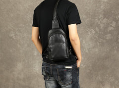Genuine Leather Mens Cool Chest Bag Sling Bag Crossbody Bag Travel Bag Hiking Bag for men