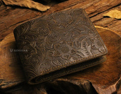 Handmade Leather Floral Mens Cool Slim Leather Wallet Men billfold Wallets Bifold for Men