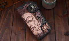 Handmade Leather Mens Cool Black Buddha Chain Wallet Biker Trucker Wallet with Chain