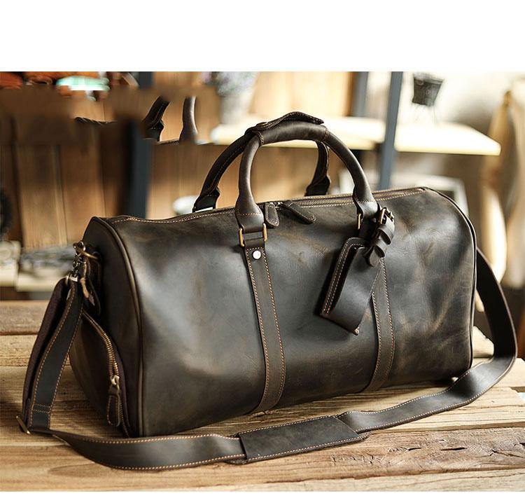 Black Leather Mens Casual Large Travel Bags Shoulder Weekender Bags Br –  iwalletsmen